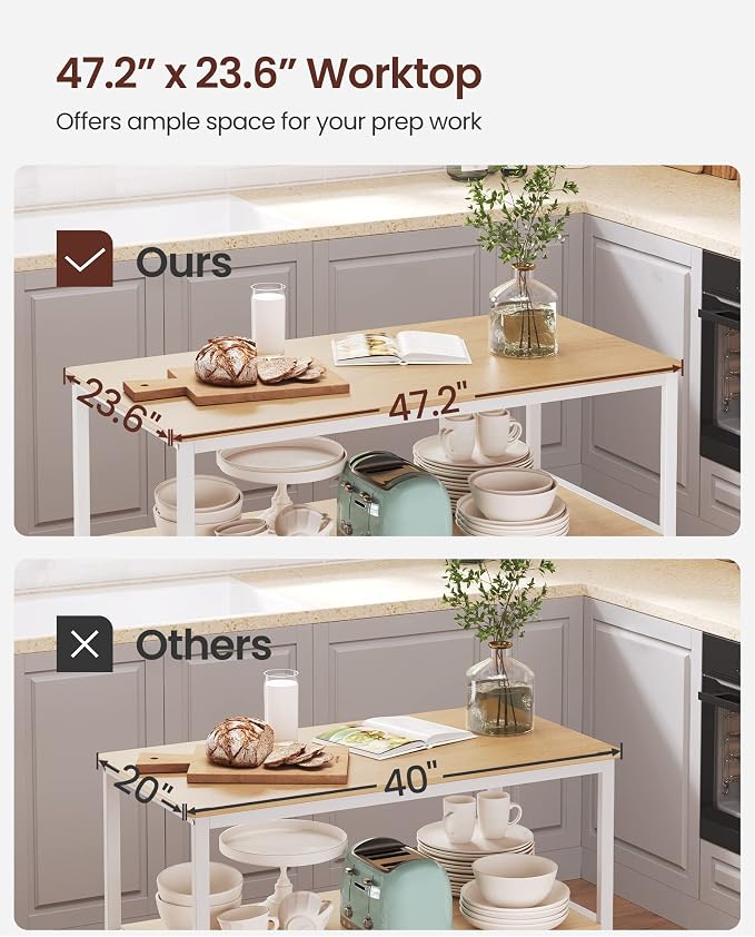 VASAGLE Kitchen Island with 3 Shelves, 47.2 Inches Width Kitchen Shelf with Large Worktop, Stable Steel Structure, Industrial, Easy to Assemble, Oak Color and White UKKI001W09 - Image 5