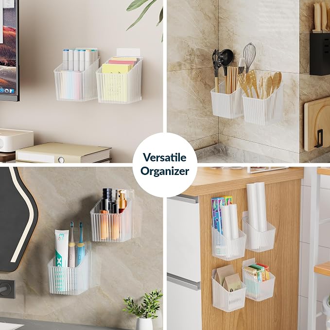 NiHome 4-Pack Cabinet Door Organizer, Adhesive RV Camper Wall Storage Caddy | No-Drill Plastic Bin With Drain Holes For Kitchen Bathroom Pantry Organization, Space Saving Small Item Holder, White - Image 6