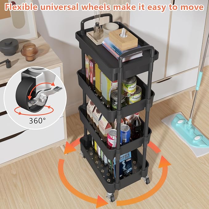 Calmootey 4-Tier Utility Cart with Drawer & Wheels, Storage for Home,Office | Space-Saving Organizer, Sturdy Plastic Shelves, Smooth-Rolling Metal Wheels, Built-in Drawer for Small Items, Black - Image 8