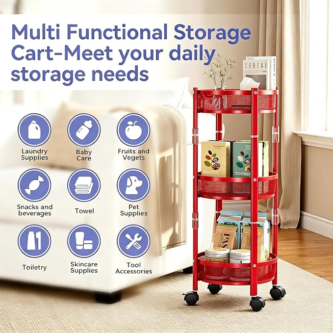 3-Tier Foldable Rolling Cart, Collapsible Metal Utility Cart with Wheels, Assembly-Free, Round Storage Organizer Trolley for Kitchen, Bathroom, Dorm, Nursery-Red - Image 7
