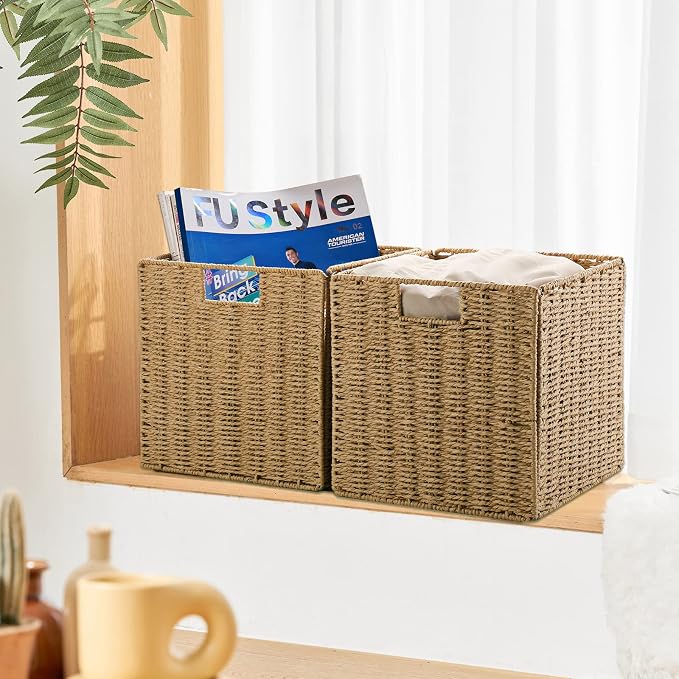 Wicker Storage Basket, Set of 2 Hand-Woven Storage Baskets for Shelves with Handles Foldable Cube Storage Baskets Bins, 9 inch Wicker Baskets for Pantry Bedroom Organizer &Decor, Natural - Image 3
