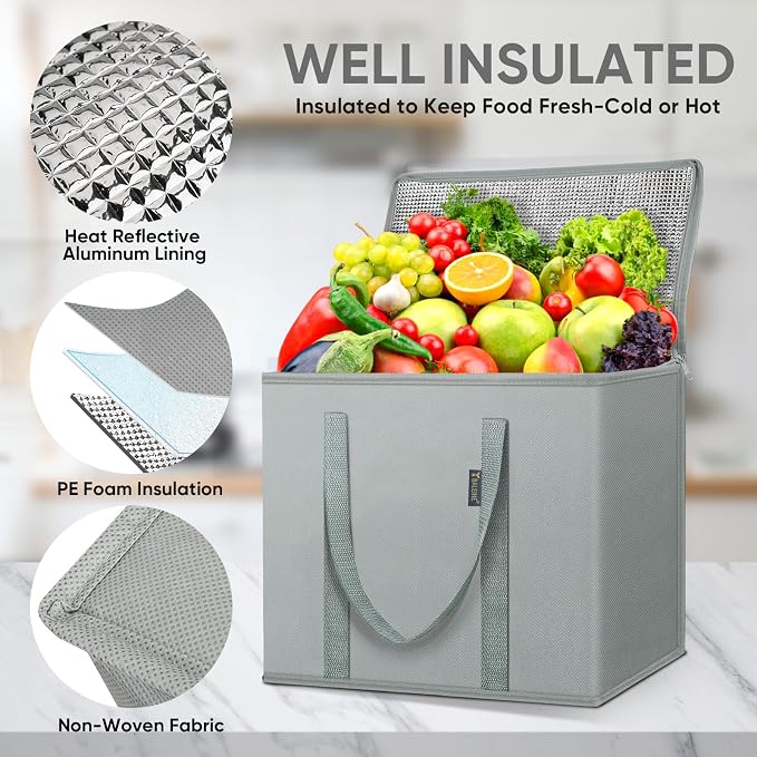 BALEINE 1Pk Insulated Reusable Grocery Bags, Collapsible Cooler Bag for Groceries, Heavy Duty Large Insulated Bag (16''x9''x13'', Urban Gray) - Image 3