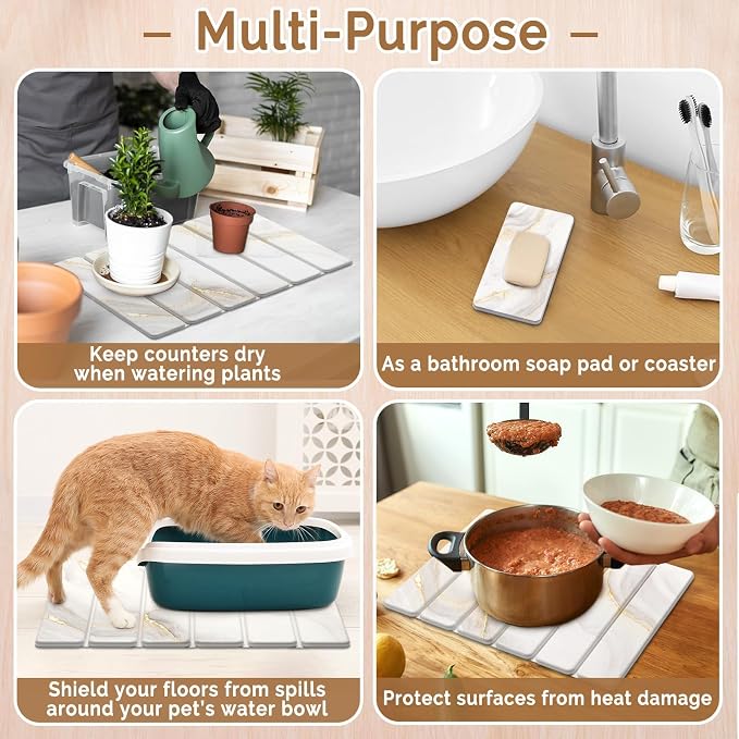 Small Stone Dish Drying Mat for Kitchen Counter, 15.7"×12" & 8"x4" Quick Dry Stone Mats, Foldable Water Absorbing Diatomaceous Earth Drying Dish Pad for Countertop Bottles Utensils Cup(Gold White) - Image 6