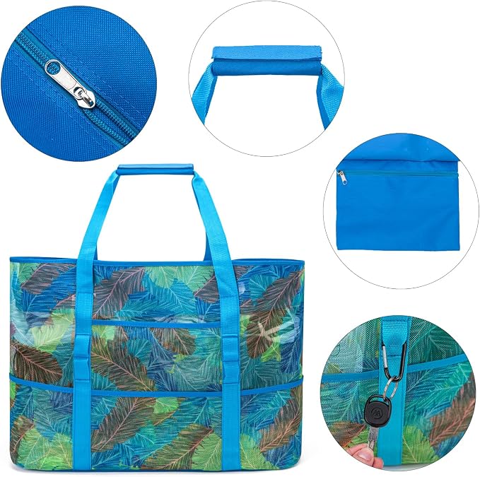 KABAQOO Mesh Beach Bag, Extra Large Beach Bags with 9 Pockets & Zipper Waterproof Lightweight Beach Tote for Beach/Pool Trip - Image 3