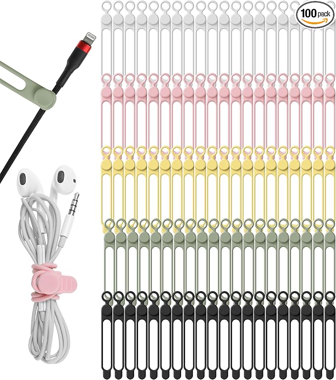100Pcs Silicone Cable Ties, Cord Organizer Cable Management-Multi | Reusable Cord Ties for Electronics, Office Desk Accessories, Home Travel Essentials, Easy to Use, 4.2 Inch-5 Colors by ELECTRONICSORGANIZATION