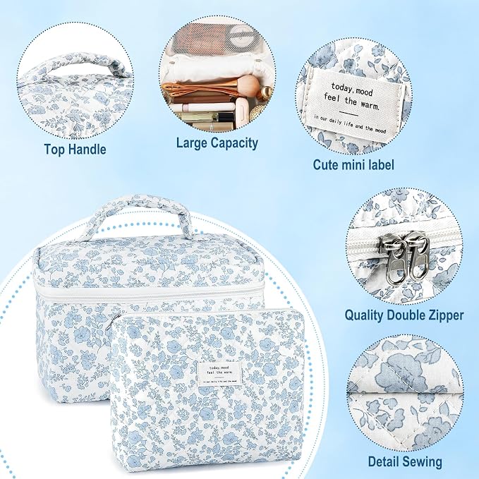 URSKYTOUS 2Pcs Cotton Quilted Makeup Bag for Women Extra Large Small Travel Cosmetic Bag Set Cute Blue Floral Print Makeup Pouch Portable Toiletry Bag Organizer Coquette Vintage Puffy Travel Essential - Image 3