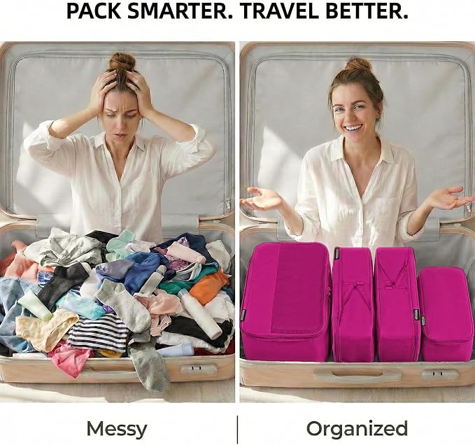 4 Piece Compression Packing Cubes for 3–7 Day Travel, Space Saving Travel Organizers with Breathable Mesh, Double-Zipper Packing Cubes for Carry-On & Suitcases (Red) - Image 4