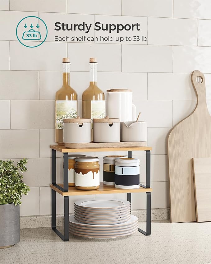 SONGMICS Cabinet Organizer Shelf, Set of 2 Spice Rack, Kitchen Storage | Kitchen Counter Storage Spice Rack, Steel, Bamboo, Light Bamboo and Matte Black, BYSTRO Collection UKCS02NB - Image 5