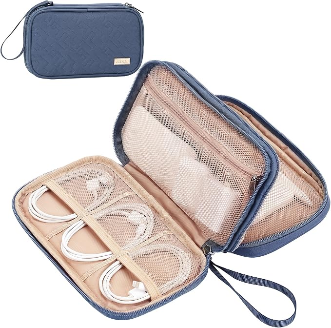 NISHEL Electronics Travel Organizer Cord Case, Charger Cable Tech Bag | Double-layer bag keeps chargers, cables, flash drive, and small tech essentials organized for trip, Medium, Aegean-Blue by NISHEL
