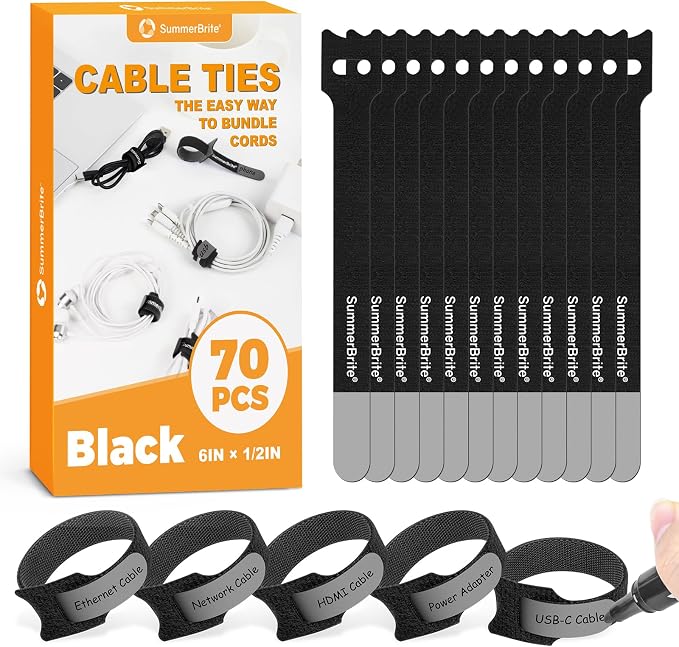 SummerBrite 70 Pack Black Cable Ties 6 Inch with Writable Labels, Reusable Cable Management Straps, Hook and Loop Cord Organizer for Home Office, PC Desk Setup, Electronics & Travel Wire Management by Summerbrite