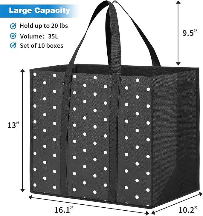 6 Pack Reusable Grocery Bags Waterproof Tote Bags for Shopping Groceries | 35L Large Capacity, Heavy-Duty, Waterproof, Lightweight, Foldable Tote with Sturdy Handles, Polka Dot Design - Image 4