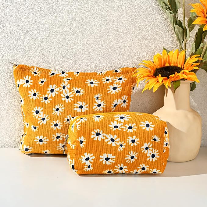 SOIDRAM 2 Pieces Flower Makeup Bag Large Cosmetic Bag Capacity Canvas Mix Travel Toiletry Bag Organizer Cute Makeup Brushes Aesthetic Accessories Storage Bag for Women,Little Flower Mix Yellow - Image 6