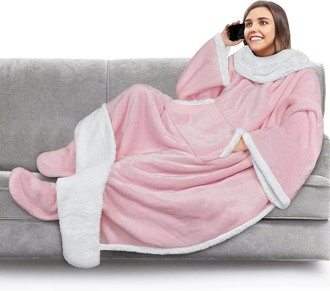 PAVILIA Sherpa Blanket with Sleeves, Foot Pocket for Women Men Adults, Thick Wearable Blanket Throw Wrap, Fleece Warm Snuggle Blanket Robe, Cozy Gift Ideas Wife Mom, Pink by PAVILIA