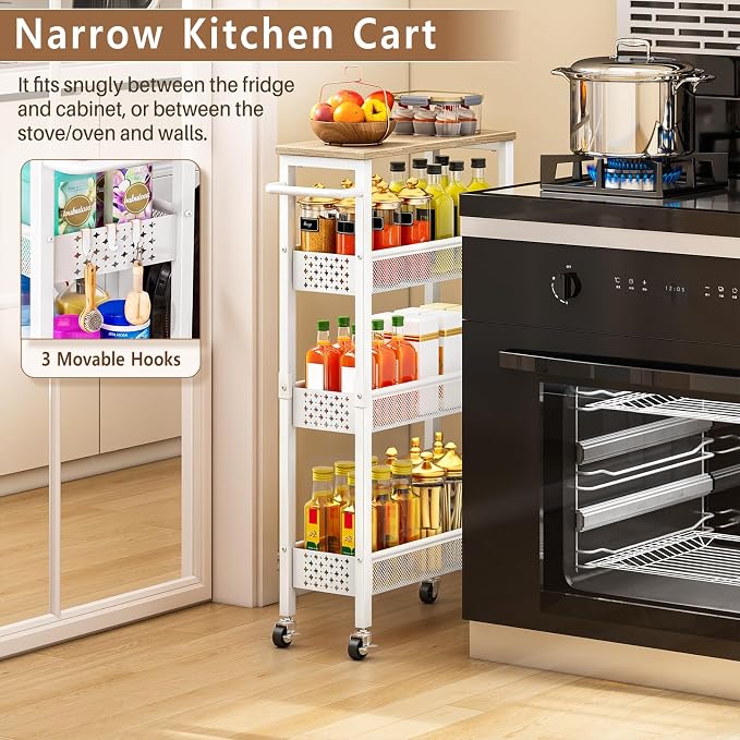 Utility Slim Rolling Storage Cart, 4-Tier Narrow Metal Organizer with Wood Top, 7.1" Width Utility Cart for Kitchen, Bathroom, Laundry Room, Small Spaces, White - Image 4