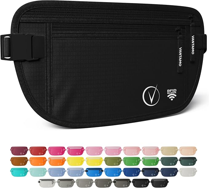 Vantamo Money Belt with RFID For Men & Women, Hidden Passport Holder for Travel, 2 Compartment Travel Fanny Pack for Women Anti Theft by Vantamo