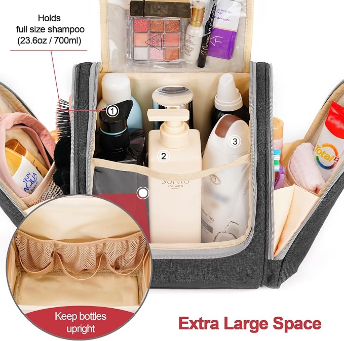 Hanging Toiletry Bag for Women & Men, Cruise Ship Travel Essentials, Holds Full Size Shampoo, with Dry and Wet Separation Cosmetic Bag, Makeup Organizer Bag, Bathroom Water-resistant Bag, Grey - Image 3