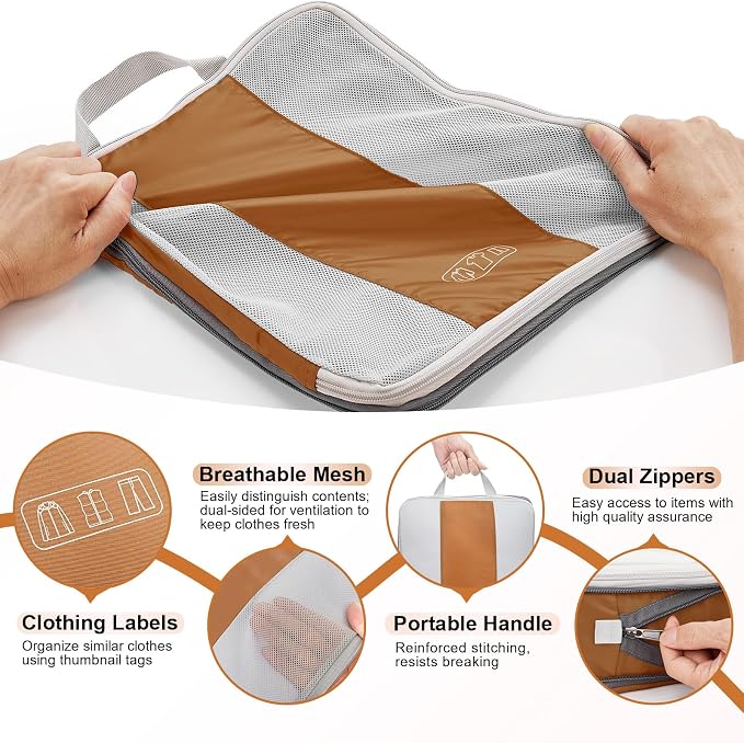 OlarHike 10 Set Compression Packing Cubes for Travel Essentials,Compressible Expandable Space Saver Bags for Organizing Clothes,Luggage Suitcase Garment Bags with Over 1000 pcs Mesh Holes(Brown) - Image 7