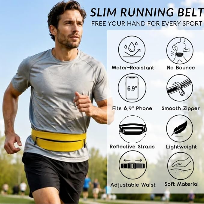 Running Belt for Men Women, Water-resistant Fanny Pack with 3 Zipper Pockets & Reflective Safety Strips, Adjustable Waist Pack Jogging Pouch for Phone, Keys & Essentials (Yellow, Small) - Image 3