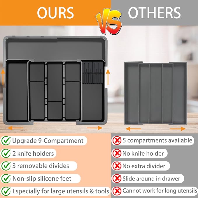 Large Utensil Drawer Organizer for Kitchen, Expandable Silverware Organizer Utensil Holder, Cutlery and Flatware Cooking Tray, Kitchen Drawer Organizers and Storage with Removable Knife Block, Black - Image 5