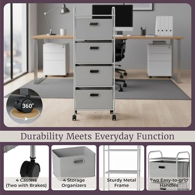 Lavish Home 4-Drawer Fabric Dresser, Gray/Silver, 16.5” x 12” x 45” | Slim Clothes Storage Organizer with Wheels and Metal Frame, Rolling Cart for Closet, Home, or Office - Image 4
