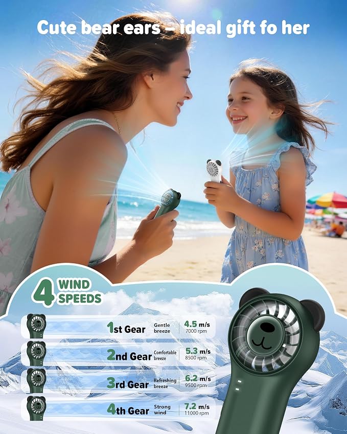 Portable Handheld Fan, Cute Bear Mini Fan with 11000 RPM High Speed, Rechargeable Personal Fan with 4 Speeds, Pocket Small Fan for Travel, Makeup, Lash, Gifts for Women Girl - Olive Green - Image 7