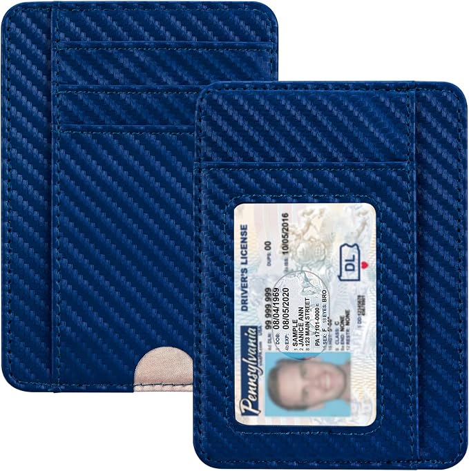 HOTCOOL Slim Wallet for Men, Minimalist Front Pocket Simple Leather Credit Card Holder RFID Blocking for Men & Women, Thin Organizer Gifts, Carbon Fiber - Blue by HOTCOOL