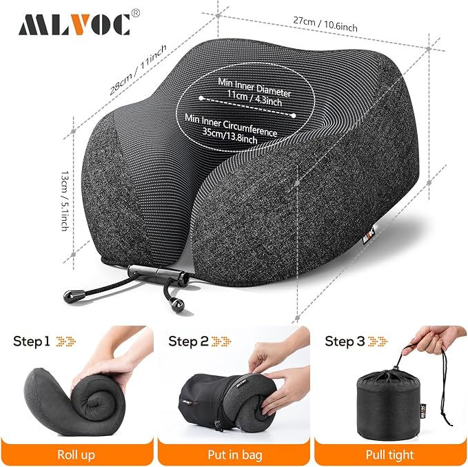 MLVOC Airplane Travel Neck Pillow for Sleeping, 3D-Eye Mask & Earplugs Kit | 3-in-1 Travel Kit, Eye Mask + Earplugs, Curved Neck & Chin Support, Rope Lock Fit, Memory Foam Keeps It’s Shape - Image 7