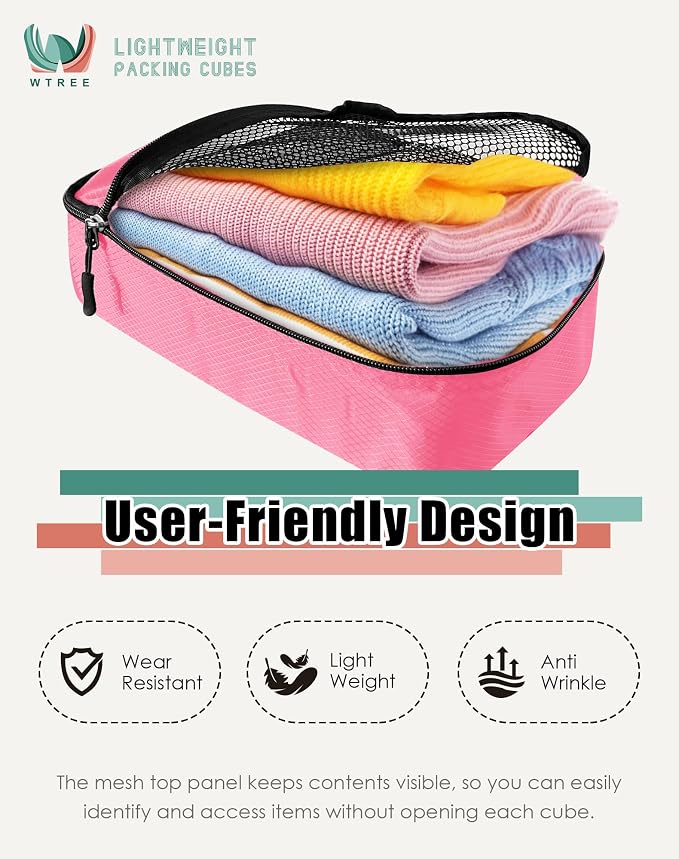WTREE 4-Piece Packing Cubes Travel Accessories Set for Suitcases - Luggage Organizer Bags with Double Zipper - Mesh Top - Small - Pink - Image 3