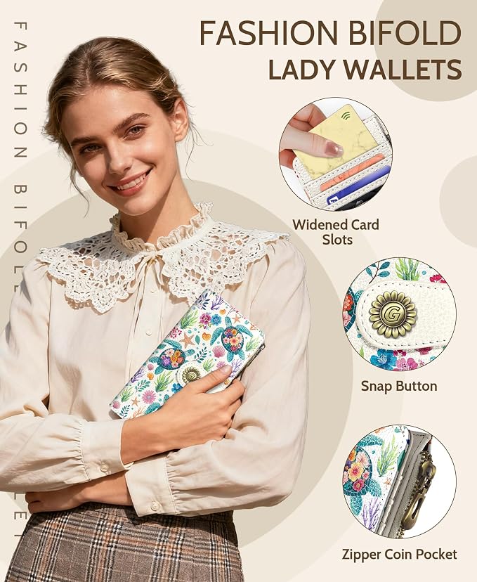 GIANCOMICS Sea Turtle Women Wallet RFID Blocking, Credit Card Holder Bifold | Billfold, Cute Cash Purse, Travel Zipper Coin Pocket, Compact Clutch, PU Leather, ID Window, 11 Card Slots, Ladies Gift Woman - Image 6