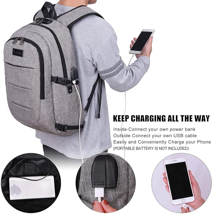 Tzowla Travel Laptop Backpack Water Resistant Anti-Theft Bag with Giant Tumbler Holder Pocket and Lock 17.3 Inch Computer Business Backpacks for Women Men Work College Gift,Casual Daypack(Grey) - Image 3