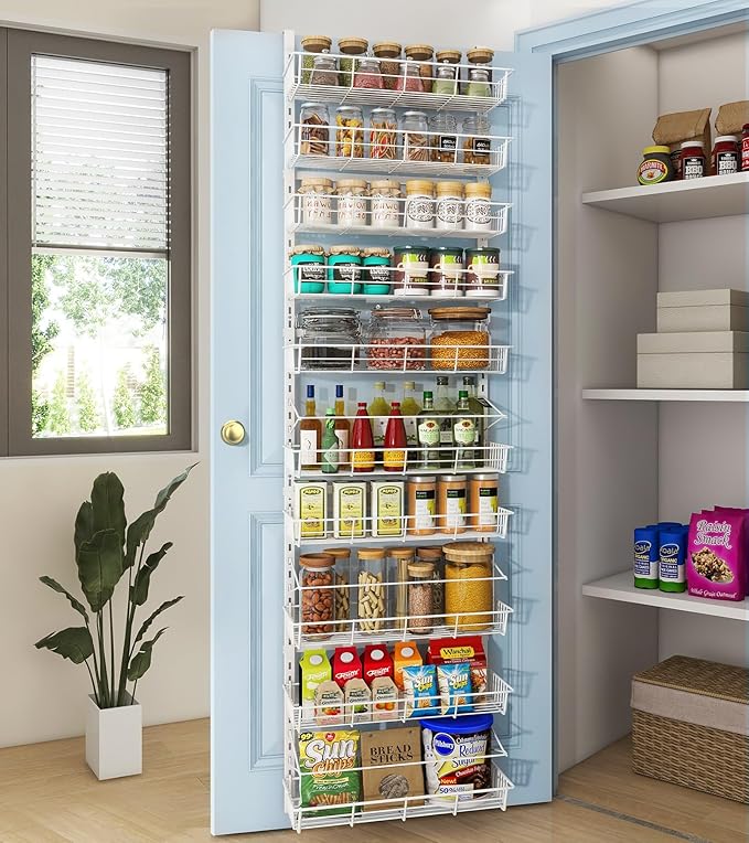 Mefirt White 10-Tier Over The Door Pantry Organizer, 2 in 1 Spice Rack | Pantry Hanging Organizers and Storage, Adjustable Baskets Heavy-Duty Metal for Home & Kitchen, Back of Door Seasoning Rack by Mefirt
