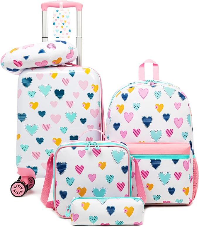 Kid's Luggage Set 5 Piece Suitcase Set 16" Hardside Luggage with Spinner Wheels Girls Carry on Toddler Travel Rolling Suitcase with Neck Pillow Airline Approved by Unknown