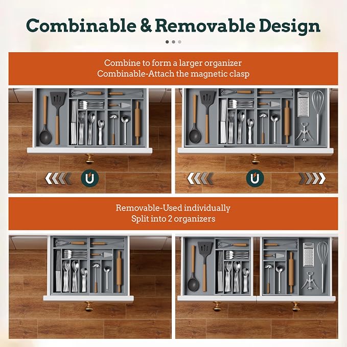 Magnetic Expandable Silverware Drawer Organizer, 13 Slots Utensil Gray | Magnetic Connected, Expandable 21-37.4 Inch, 13 Divided Slots, Gray Cutlery Utensil Organize Kitchen - Image 5