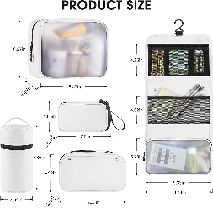 Toncoke Travel Toiletry Bag Set, Hanging Toiletry Bag Premium Faux Leather, Toiletry Bag for Women & Men, Travel Essentials Makeup Bag Water-resistant (Faux Leather White) - Image 3