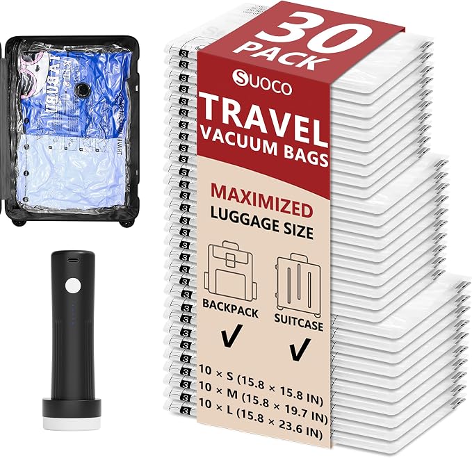 Travel Vacuum Bags for Clothing with Rechargeable Pump 30 Combo, Clear | Compression Packing Cubes Organizer Storage for Luggage Suitcase, Space Saver Seal Bags for Vacation Cruise by SUOCO