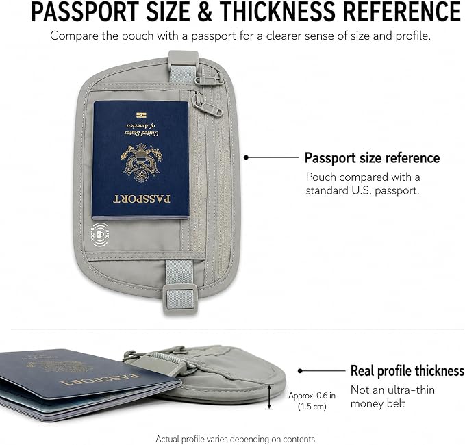 Pander RFID Blocking Travel Money Belt – Hidden Waist Pouch for Passport, Cash, Cards, Slim Belt Bag for Men and Women, Light Grey - Image 2