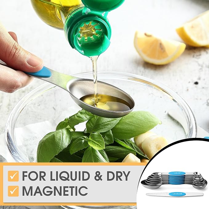 Spring Chef Stainless Steel 8 Magnetic Measuring Spoons for Kitchen, Teal | Dual Sided Metal Teaspoon & Tablespoon Measuring Spoons with Leveler for Dry & Liquid Ingredients, Stackable, Dishwasher Safe - Image 4