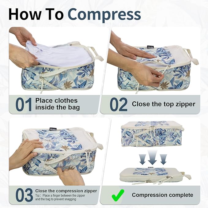 Compression Packing Cubes for Travel Essential, 4 Set Compression Bags for Travel Packing Organizer, Expandable Compression Cubes for Travel, Standard, Blue Floral - Image 4