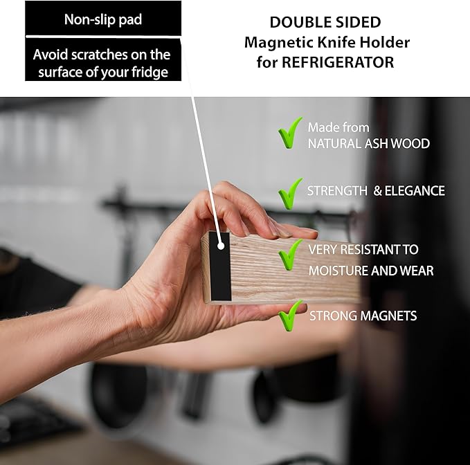 Premium Wood Magnetic Knife Holder for Refrigerator – 15 Inch Professional Double Sided Magnetic Knife Strip for Fridge - Ash Wooden Magnetic Knife Holder for Wall - Image 3