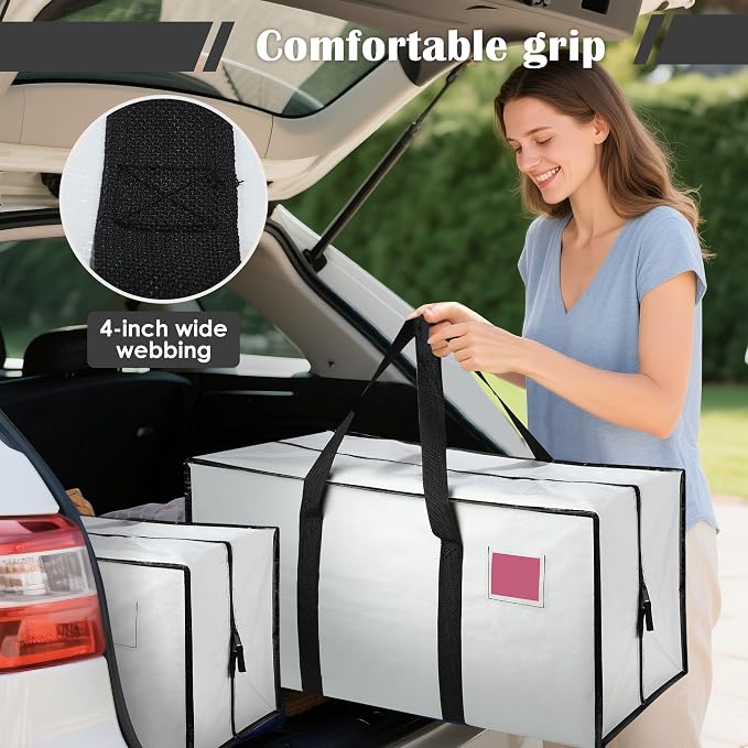 6 Pack Moving Bags Heavy Duty 210GSM with Full-Open Side Zipper, 93L 65lbs Waterproof Foldable Storage Totes for College Dorm Move-In, Moving Boxes Alternative & Home Organization,White - Image 5