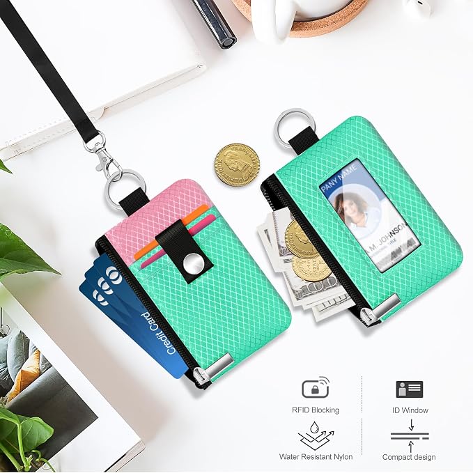 Minimalist RFID Blocking Small Wallet with ID Window,WaterResistant Zip Id Case Wallet with Lanyard Keychain for Cards,Cash,Travel,Women,Men (Mint Green/Pink) - Image 8