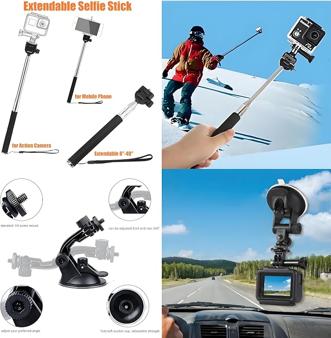 Accessories Kit for Action Camera, Chest & Head Strap Mount, 360° Rotating Wrist Strap Mount, Backpack Clip, Suction Cup Mount, Floating Handle Grip and Various Adjustable Camera Accessories - Image 4