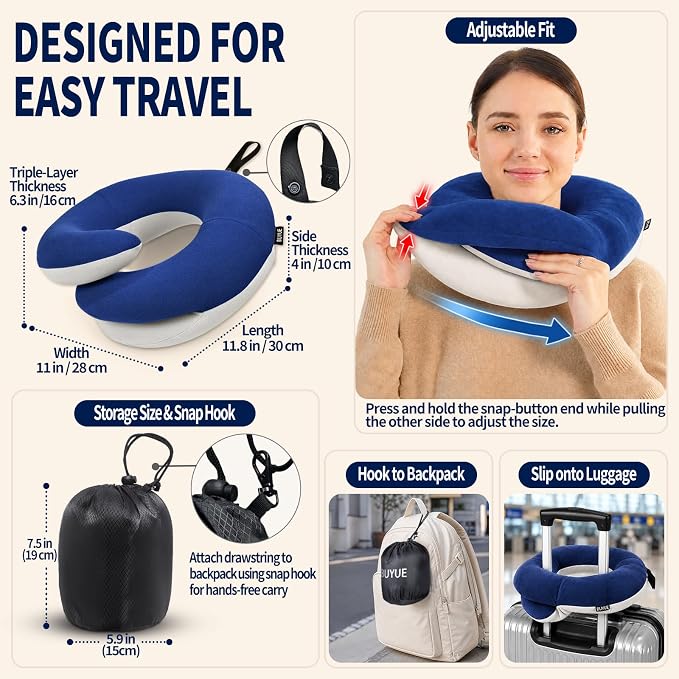 Travel Neck Pillows for Airplanes, Memory Foam 360° Head Support Sleep for Long Flight, Skin-Friendly & Breathable, Kit with Eye Mask, Earplugs and Storage Bag (Adult, Navy, 90+ lbs) - Image 5