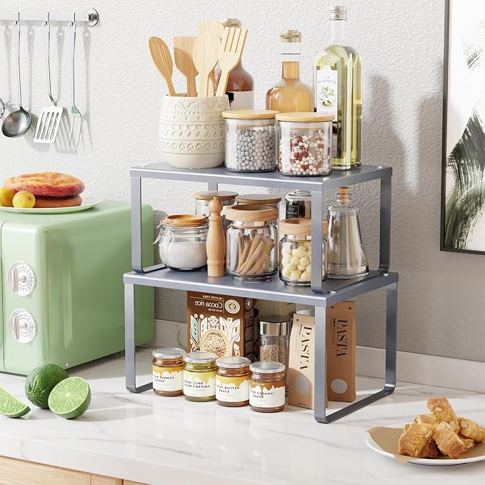 Simple Trending Cabinet Organizer Shelf, Set of 2 Kitchen Counter Shelves, Kitchen Storage, Stackable, Expandable, Metal Spice Rack for Cupboard, Bathroom, Desk, Pantry, Silver - Image 9