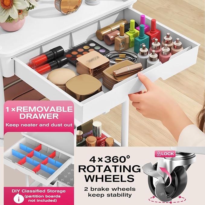 Goovilla Rolling Makeup Organizer Cart with Removable Drawer, 4 Tier White | Stable Floor Skincare Storage Cart for Vanity, Cosmetic Display, Nail Polish, Perfume, Hair Stuff, Beauty, Bathroom(Plastic) - Image 3