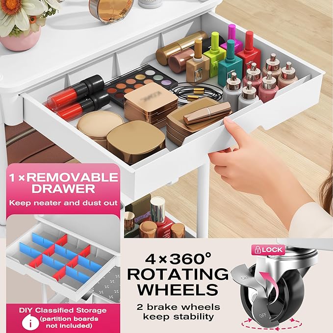 Goovilla Rolling Makeup Organizer Cart with Removable Drawer, 3 Tier White | Stable Floor Skincare Storage Cart for Vanity, Cosmetic Display, Nail Polish, Perfume, Hair Stuff, Beauty, Bathroom(Plastic) - Image 3