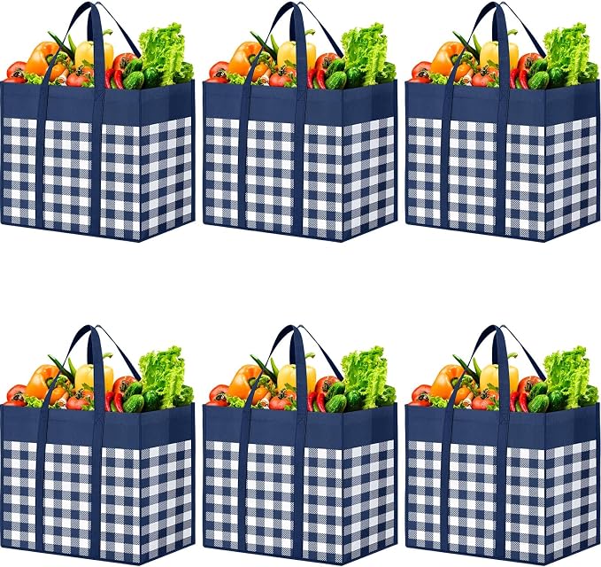 WOWBOX Reusable Grocery Bags, Foldable Reusable Shopping Tote Bags | 6-Pack Large Storage Bags bulk with Reinforced Handles and Water Resistant Coating for Groceries,Multipurpose,Blue-White by WOWBOX