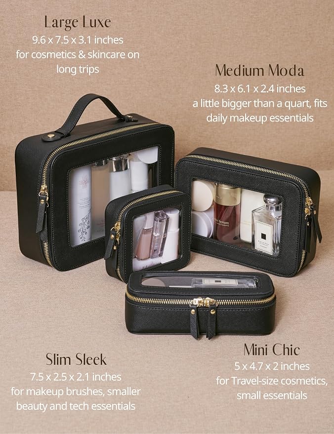 Clear Makeup Bag with Zipper, Set of 2, Mini and Medium, Black | Clear Travel Bags for Toiletries, Structured Cosmetic Case for Women, Waterproof PU Leather, Wide Open Portable Car Organier - Image 9