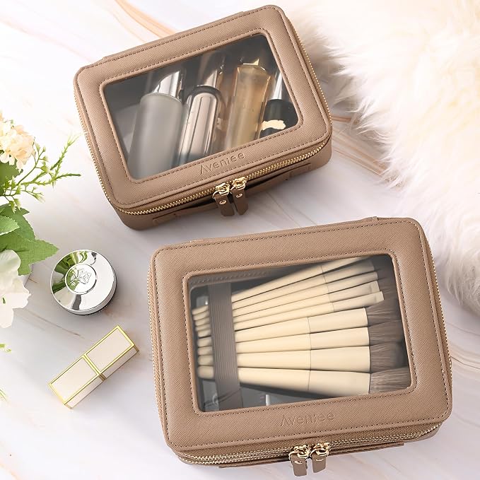 Aveniee Large Clear Makeup Bags, Double Layer Cosmetic Bags with Separate Brush Compartment,Travel Toiletry Bag Train Case,Travel Accessories Organizer for Women,2 Layers,Brown - Image 5