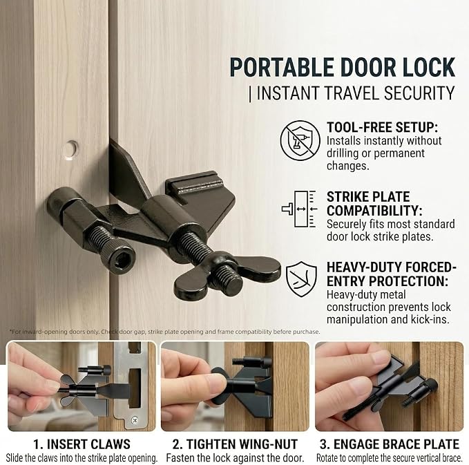 Adjustable Portable Door Lock & Door Stop Alarm Set, 120dB Anti-Theft Security Alarm Door Stoppers, Travel Entry Blocker for Hotel Apartment Dorm Room, No Drill Required, (2 Pack) - Image 7
